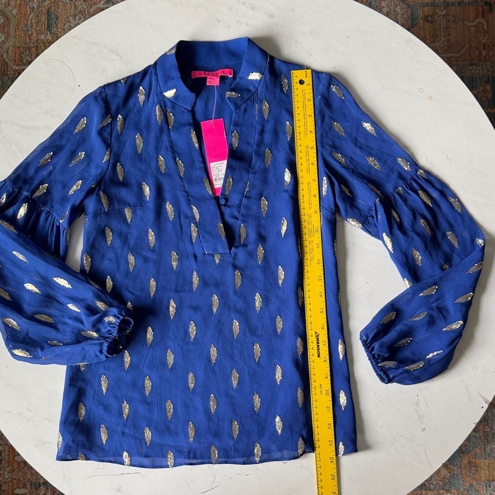 Lilly Pulitzer Royal Blue Blouse with Gold Leaf Pattern - Picture 15 of 16